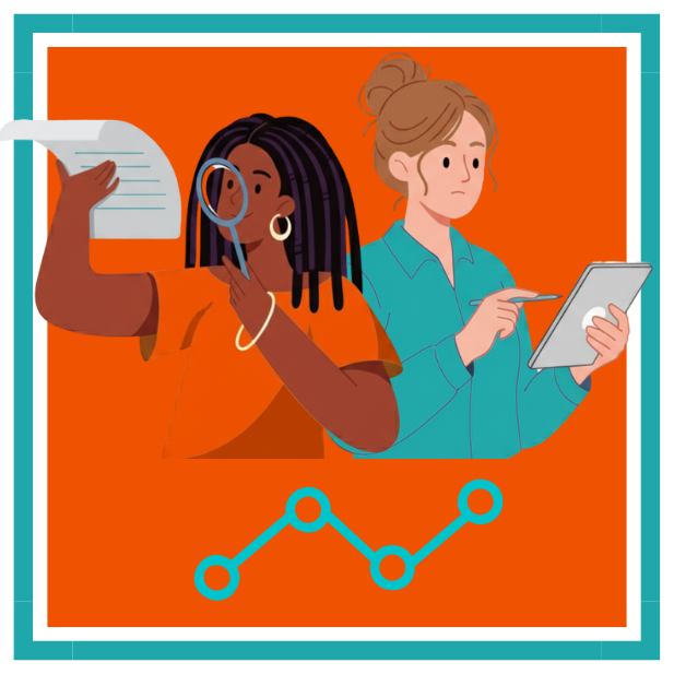 Two women analyzing data charts