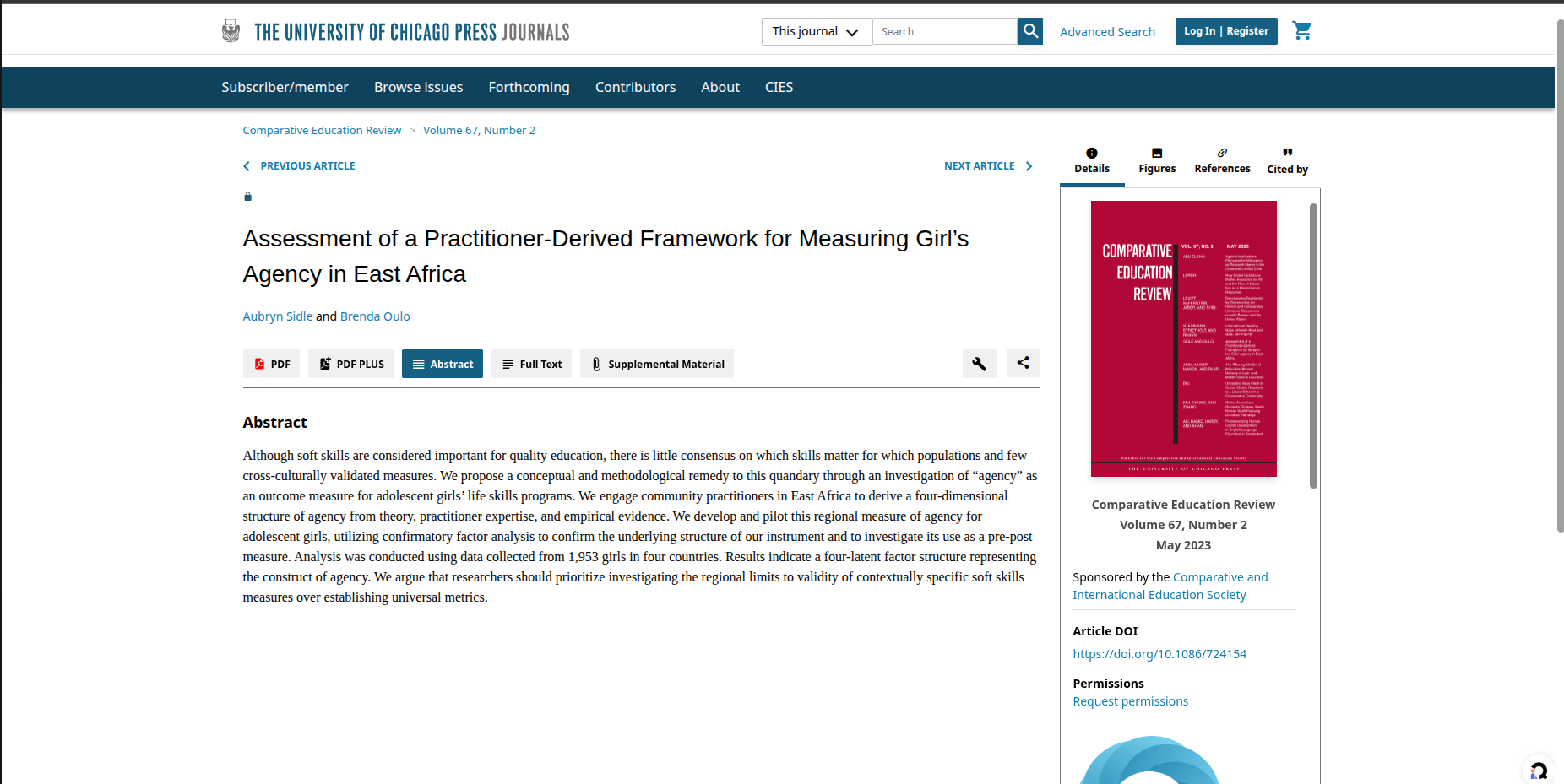 Sidle, A., & Oulo, B. (2023). Assessment of a practitioner-derived framework for measuring girl's agency in East Africa. Comparative Education Review, 67(2), 331-352.