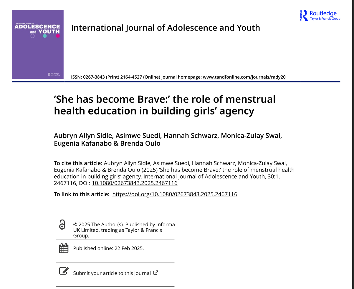 Sidle, A. A., Suedi, A., Schwarz, H., Swai, M. Z., Kafanabo, E., & Oulo, B. (2025). 'She has become Brave:' the role of menstrual health education in building girls' agency. International Journal of Adolescence and Youth, 30(1), 2467116.
